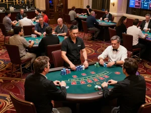 Players engaging in blackjack at mb668 casino, enjoying a vibrant atmosphere with chips stacked high