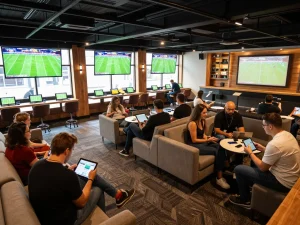 Bongdalu users placing sports bets in an upscale betting lounge with multiple screens