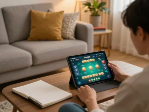 Engaging in tài xỉu online gaming in a cozy home setting with strategic notes nearby.