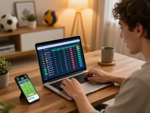 Engaged in online sports betting, the user browses trang cá cược bóng đá odds from a cozy home setup with a laptop.