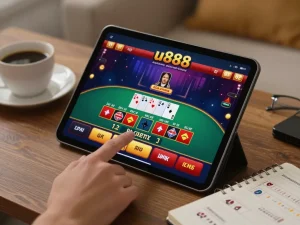 Engaged player placing bets on a lively u888 blackjack game interface displayed on a tablet.