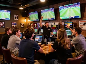 Fans placing bets on sports games at net88's vibrant betting bar, celebrating winning wagers with drinks in hand