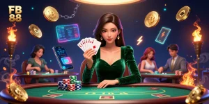 Engage in thrilling action at FB 88 with a focused player at a luxury poker table surrounded by digital assets.