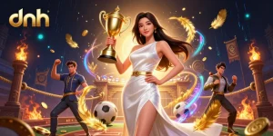 dnh delivers an exciting sports betting scene featuring a confident woman with a trophy and engaging betting elements.