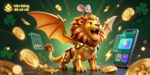 Bet on kèo bóng đá nhà cái with a dynamic 3D chimera and crypto elements in vibrant gold.