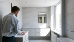 Manchester bathroom fitters installing modern tiles and fixtures in a stylish bathroom.