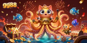 Engage with the vibrant world of gg88, where a colossal kraken and a diving cat explore an ocean of treasures and winning opportunities.