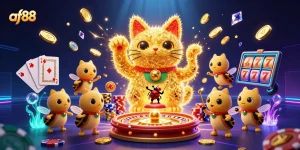 Experience thrilling wins at AF88 with a lucky cat and dazzling casino elements.