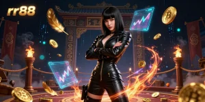 Experience the thrill of gaming at rr88 with a striking Asian dealer and exciting casino elements.
