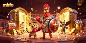 mhfe showcases a thrilling casino battle with a gladiator rooster against vibrant gaming elements.