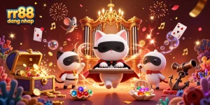 Engage with rr88 dang nhap at a vibrant online casino scene featuring a unique cat character and celebratory elements.