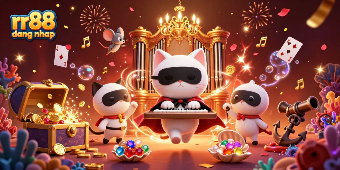 Engage with rr88 dang nhap at a vibrant online casino scene featuring a unique cat character and celebratory elements.