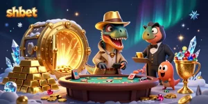 Experience thrilling gameplay at shbet with a velociraptor counter and stegosaurus pit boss in an exciting casino scene.