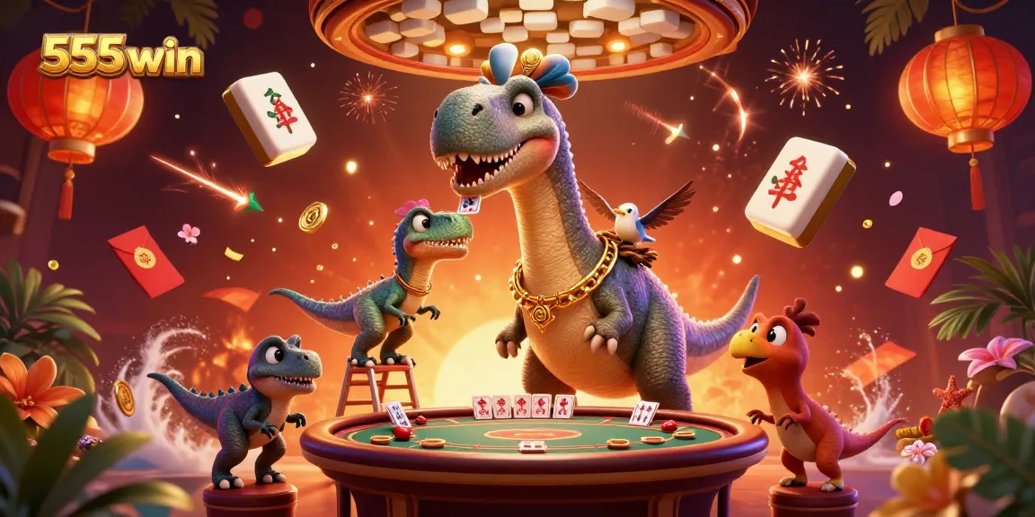 Engage with 555win's thrilling casino experience featuring a playful dinosaur scene.