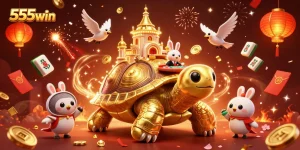 Experience exciting games at 555win with a vibrant casino scene featuring a golden tortoise and rabbit dealer.